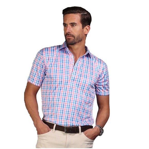 NWT Collars & Co Semi-Spread Collar Polo Nantucket Blue and Pink Gingham Sz L